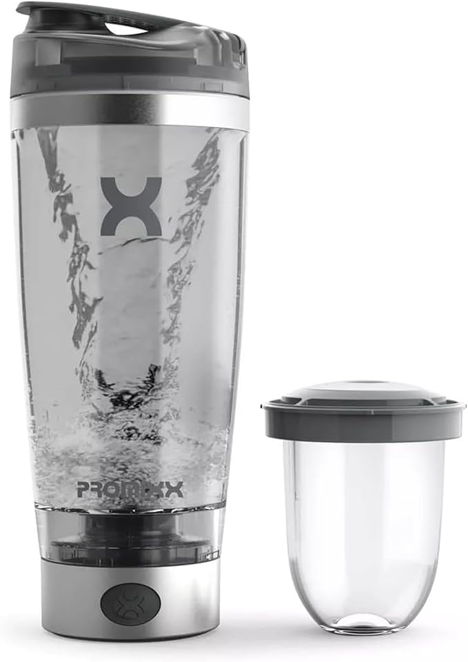Promixx Pro Shaker Bottle | Rechargeable, Powerful for Smooth Protein Shakes | includes Supplement Storage - BPA Free | 20oz Cup (Silver White/Gray)