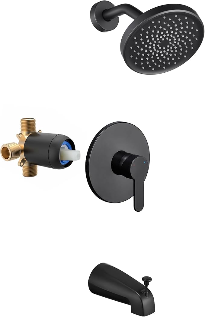 Tohlar Black Shower Faucet Set with Valve, 6-Inch Rain Shower Head and Faucet Combo, Single Handle Tub and Shower Trim Kit with Tub Spout, Matte Black