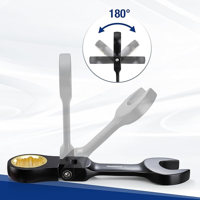 WORKPRO 8-Piece Stubby Anti-slip Ratcheting Combination Wrench Set, Metric 8-17 mm, 72-Teeth, CRV, Black Electrophoretic Coating, Flex-Head Wrench Set with Rolling Pouch