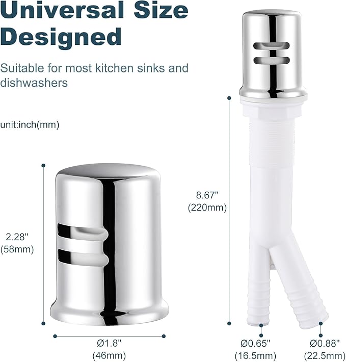 Dishwasher Air Gap Cover, Dishwasher Air Gap Cap for Kitchen Sink, Solid Brass Dishwasher Overflow Vent Cap Replacement Kit, Chrome