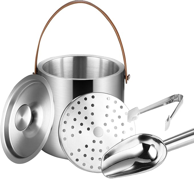 Double-Wall Vacuum Insulated Ice Bucket with Lid, Scoop, Ice Tong, Strainer & Leather Handle Keep Ice Frozen Longer Large Wine Ice Buckets for Cocktail Bar,Parties Chilling Beer Champagne 3L