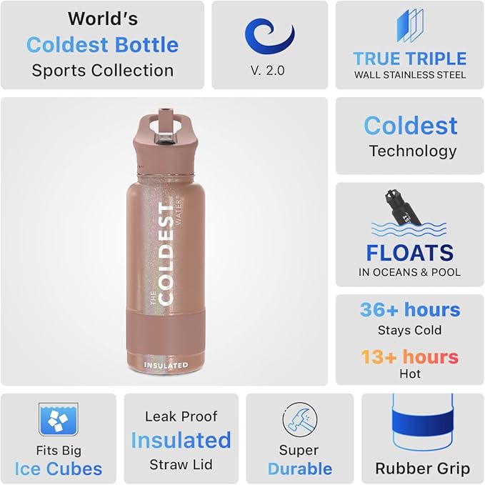 Coldest Sports Water Bottle with Straw Lid Vacuum Insulated Stainless Steel Metal Thermos Bottles Reusable Leak Proof Flask for Sports Gym (32 oz, Golden Rose Glitter)