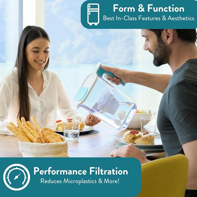 Perfect Pour Large 10 Cup Water Filter Pitcher by Aqua Optima, Reduces Microplastics, Ergonomic, Eliminates Splashes and Spills, BPA Free, NSF Certified, Includes 6 Evolve+ Water Filters, Blue