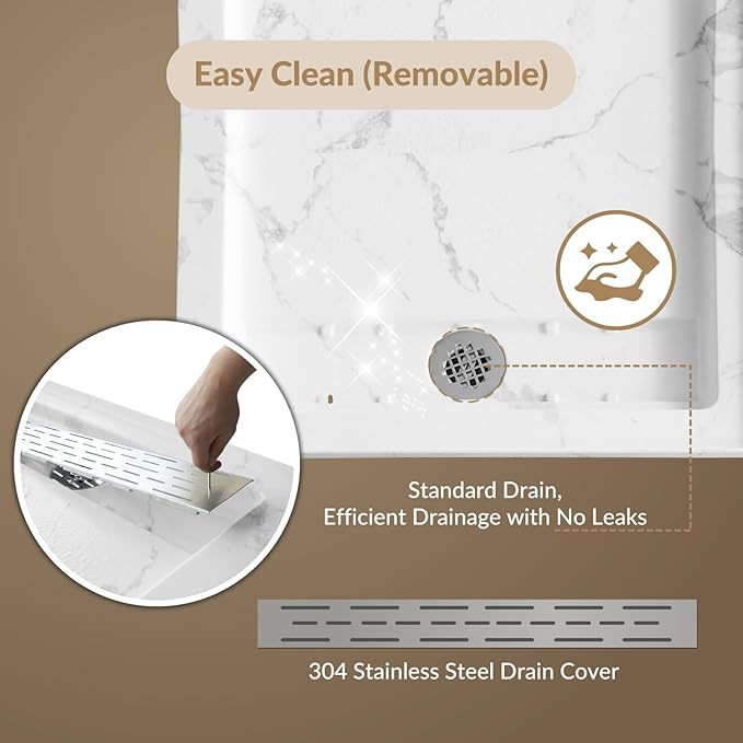 MORVANO 60 x 32 Shower Base with Single Threshold Rectangular Left Drain Location Shower Base,Shower Pan With Stainess Steel Cover,Marble White Acrylic Shower Base