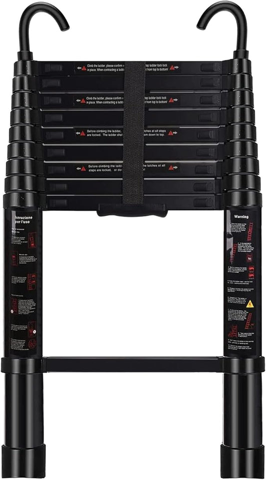 Telescoping Ladder 9.5 FT - Aluminum Telescopic Ladder with Hooks - Folding Extension Ladders for Home Work Loft Roof Attic RV Ladder with EN131 Certification - 330lbs Max Capacity (Black)