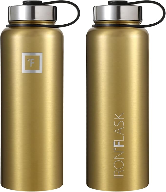 IRON °FLASK Sports Water Bottle - Wide Mouth, 3 Lids (Straw Lid) - Stainless Steel Gym & Outdoor Bottles for Men, Women & Kids - Double Walled, Insulated Thermos, Metal Canteen - Gold, 40 Oz