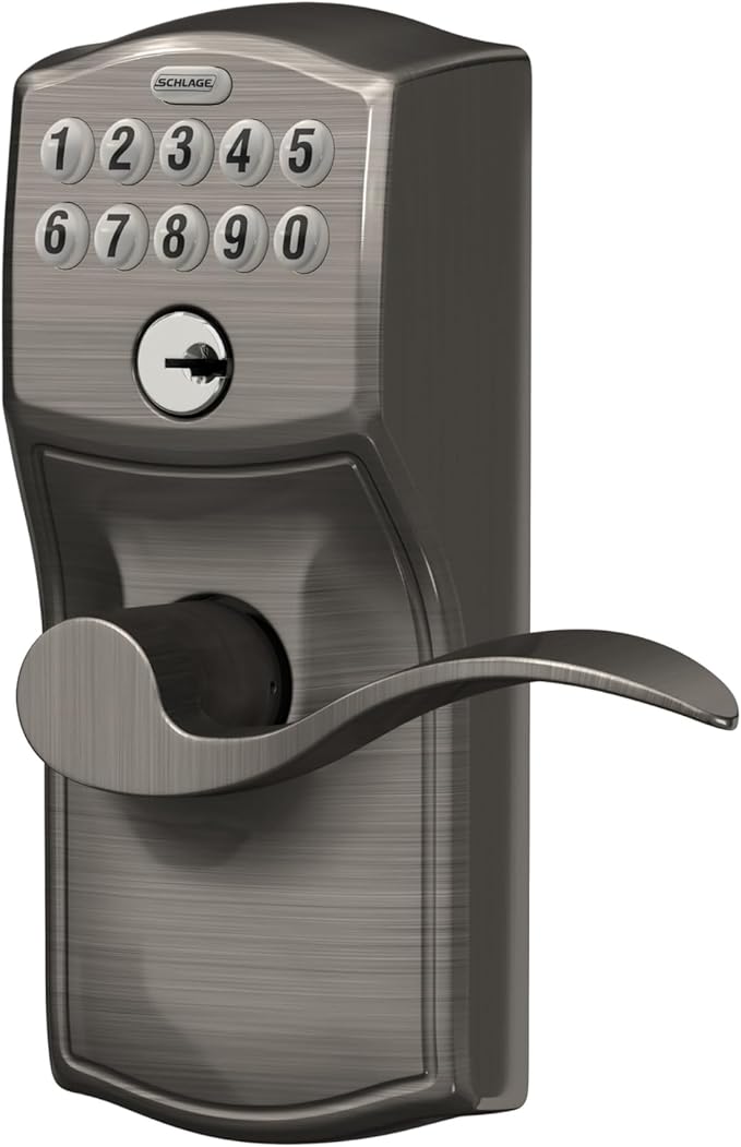 SCHLAGE FE595 CAM 620 ACC Camelot Keypad Entry with Flex-Lock and Accent Levers, Antique Pewter
