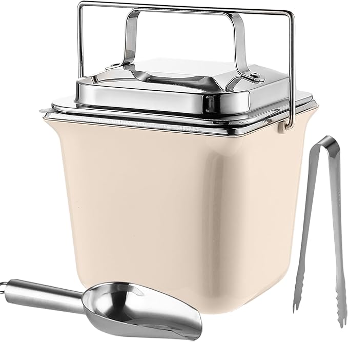 Insulated Ice Bucket with Lid, Ice Scoop & Tongs, 2.5L Double Wall Stainless Steel Champagne Buckets for Cocktail Bar Wine Parties, Versatile Food Container for Hot Soup Ice Cube, Ivory White