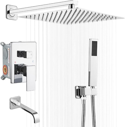 Chrome Shower System Bathroom Shower Faucet Set with Tub Spout Wall Mounted 12 Inch Shower Head and Handle Set with Handheld 3 Function Tub and Shower Trim Kit with Rough-in Valve