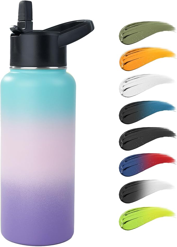 Stainless Steel Water bottle with Straw & Wide Mouth Lid, Wide Rotating Handle, 40oz Double Wall Vacuum Insulated Water Bottle Leak Proof, BPA Free, Keep Cold and Hot, 40oz, Purple Gradient