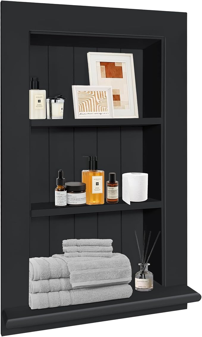 Royxen Bathroom Wall Cabinet with 3-Tier Shelves,Wooden Recessed Medicine Cabinet Over Toilet Storage Cabinet,Bathroom Cabinet Wall Mount for Home Storage, 14 x 24 Inch, Black