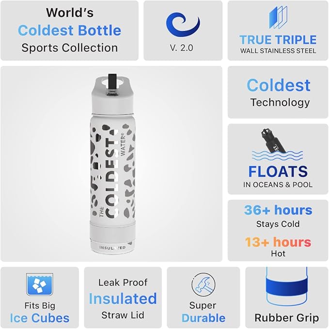 Coldest Sports Water Bottle - (Straw Lid), Leak Proof, Vacuum Insulated Stainless Steel, Hot Cold, Double Walled, Thermo Mug, Metal Canteen (24 oz, Silver Leopard)