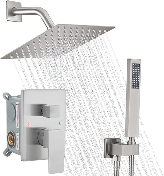 Brushed Nickel Shower System, 8 Inch High Pressure Rain Shower with Handheld, Wall Mount Shower Faucet Set for Bathroom, Rough-in Valve Body and Trim Included