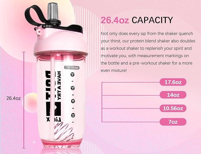Litex Shaker Bottles for Protein Shakes, 26oz Blender Shaker Bottle for Pre-Workout,Shaker Cups with Straw, BPA-free Tritan Mixer Bottles for Protein Powder,with Cup Brush and Instructions (Pink)