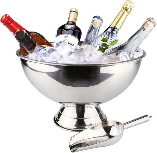 Large Ice Bucket 13L Stainless Steel Champagne Bowl Ice Bucket with Ice Scoop Semicircle Drink Tub with Integrated Base Silver Beverage Tub for Parties, Cocktail Bar, Chilling Wine,2Packs (2 packs)