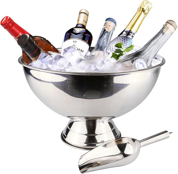 Large Ice Bucket 13L Stainless Steel Champagne Bowl Ice Bucket with Ice Scoop Semicircle Drink Tub with Integrated Base Silver Beverage Tub for Parties, Cocktail Bar, Chilling Wine,2Packs (1 pack)