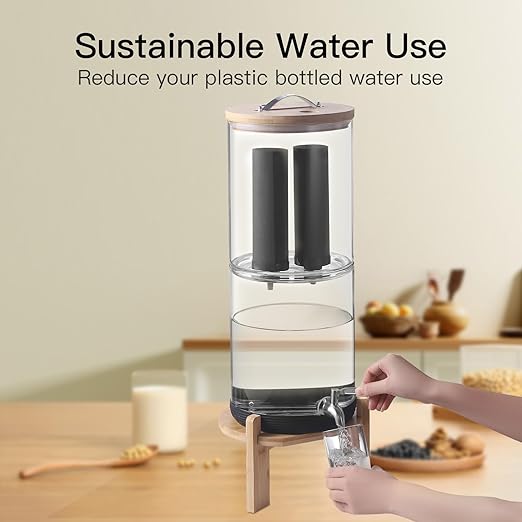 All Glass Water Purifier, Off Grid Home Emergency Water Filtration System - Gravity Fed Black Carbon Filter - 2.25 Gallon Water Filter- with 7 Inch Stand