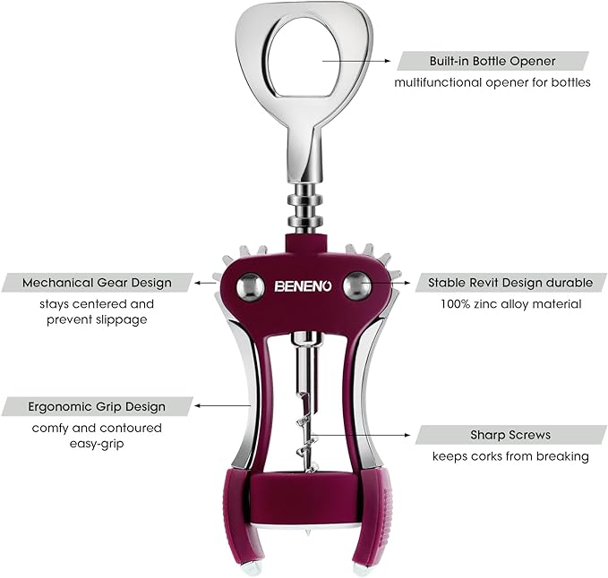 Wine Opener, Zinc Alloy Premium Wing Corkscrew Wine Bottle Opener with Multifunctional Bottles Opener, Sharp Corkscrew with Ergonomic Non-slip Wing Handle, Upgrade Purple