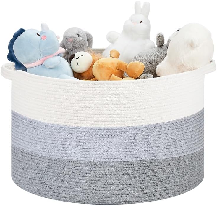 Ravinte Large Storage Basket - 22"x 22"x 14" Blanket Basket for Living Room, Baby Toy Storage Basket, Cotton Rope Basket Woven Laundry Basket (White-Blue-Gray)