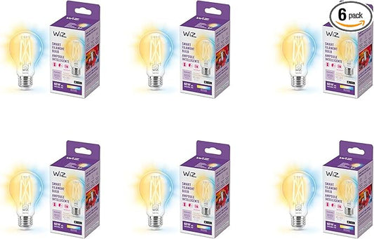 WiZ Connected Clear 60W A19 Tunable White Filament LED Smart Bulb - Pack of 6 - E26 - Indoor - Wi-Fi - Voice/App Control + Motion Activation - Matter Compatible