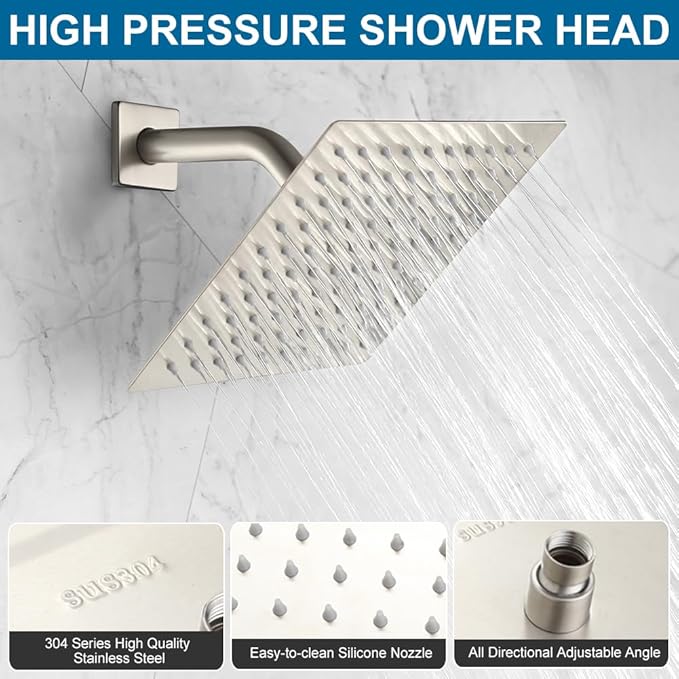 POP SANITARYWARE Shower System Brushed Nickel Bathroom Rainfall Shower Faucet Set Complete Wall Mounted 8 Inch Shower Head and Handle Set with Rough-in Valve Body and Trim Kit