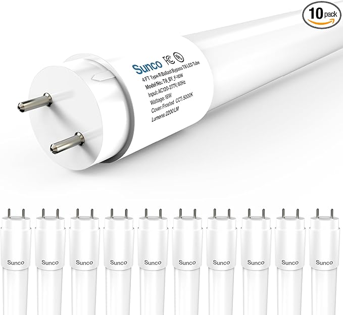 Sunco 10 Pack T8 LED Bulbs 4 Foot, Tube Light Bulbs Ballast Bypass, 48 Inch Fluorescent Replacement, 2200 LM, 18W, 5000K Daylight, Single Ended Power, Type B, Frosted Lens UL