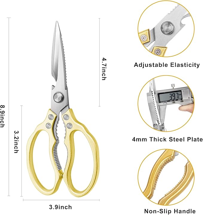 Kitchen Scissors, Heavy Duty Sharp Kitchen Shears Dishwasher Safe,Gold Kitchen Accessories Cooking Shears for Kitchen Meat Chicken Fish Poultry Herb Bread (Gold)