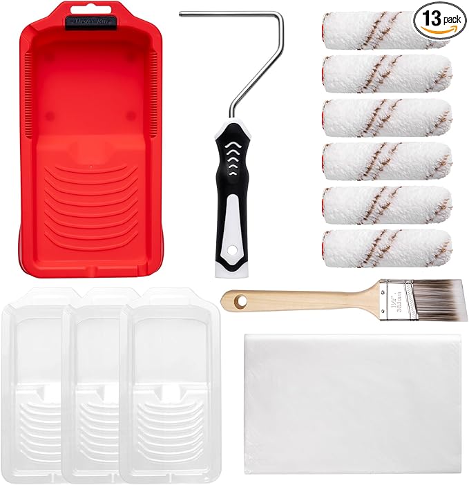 Mister Rui Paint Roller Kit-13 Piece, 4-Inch Microfiber Paint Rollers with Ergonomic Handle, Small Roller Paint Brush, Paint Tray with 3 Liners, Perfect for House Painting, Trim, and Touch-Ups