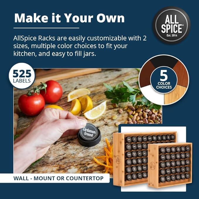 AllSpice Spice Rack Organizer, Wood, 525 Unique Labels, Countertop or Wall Mount, Includes 60 4oz Jars- Bamboo