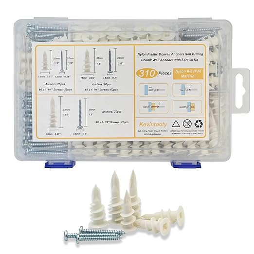 3 Sizes Self Drilling Drywall Anchors, 310PCS Nylon Plastic Wall Anchors and Screws for Drywall, No Pre Drill Hole Preparation Required,13x32mm,15x33mm,13x42mm