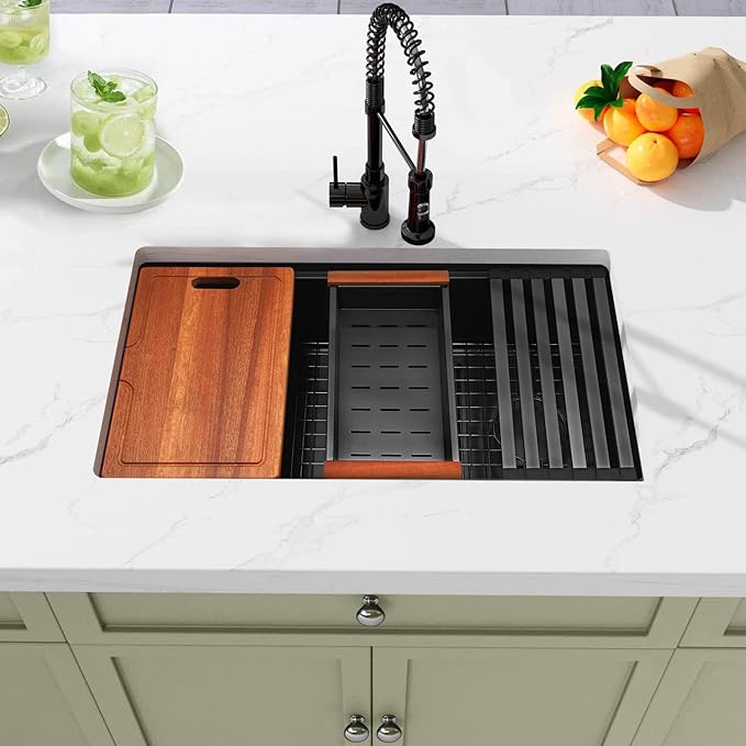 Black Undermount Kitchen Sink,16 Gauge Stainless Steel Sinks,Single Bowl Workstation Sink,Modern Kitchen Sink Offset Drain (28" X 18")