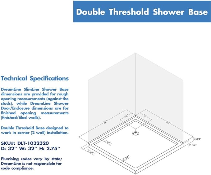 DreamLine SlimLine 32 in. D x 32 in. W x 2 3/4 in. H Corner Drain Double Threshold Shower Base in White, DLT-1032320