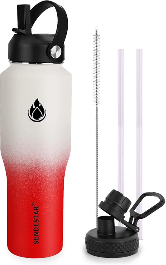 SENDESTAR Water Bottle 32oz,2 Lids(Straw lid),Wide Mouth Stainless Steel Vacuum Insulated Double Wall Keep Liquids Cold or Hot All Day,Sweat Proof Sport Design,Fit Car Cup Holder(White&Rose Red)