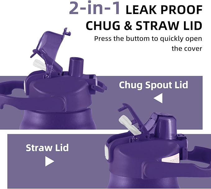 50oz/1.5L Insulated Sports Water Bottle, Stainless Steel Double Wall Water Jug with Handle, 2-in-1 Chug Spout and Straw Lid with Lock Cover for School, Outdoor, Sports & Travel, Purple