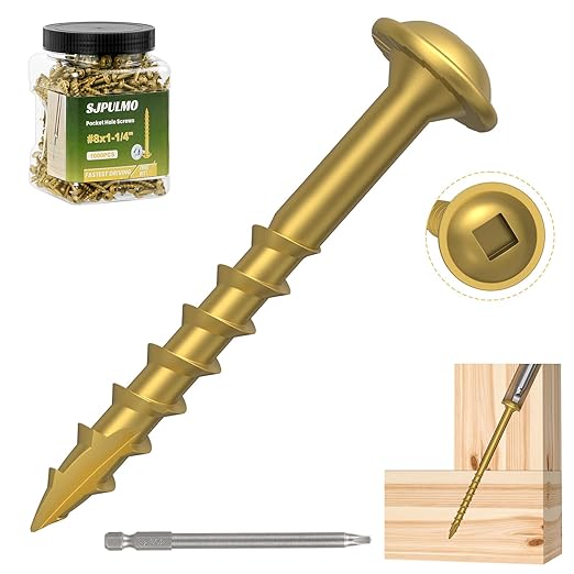 Pocket Hole Screws 1-1/4 Inch，1000Pcs Exterior Pocket Screws #8 X 1-1/4" Reverse-Thread 2X Faster Self-Tapping for Woodworking DIY Projects Pocket Joinery Drive Bit Included(Gold)