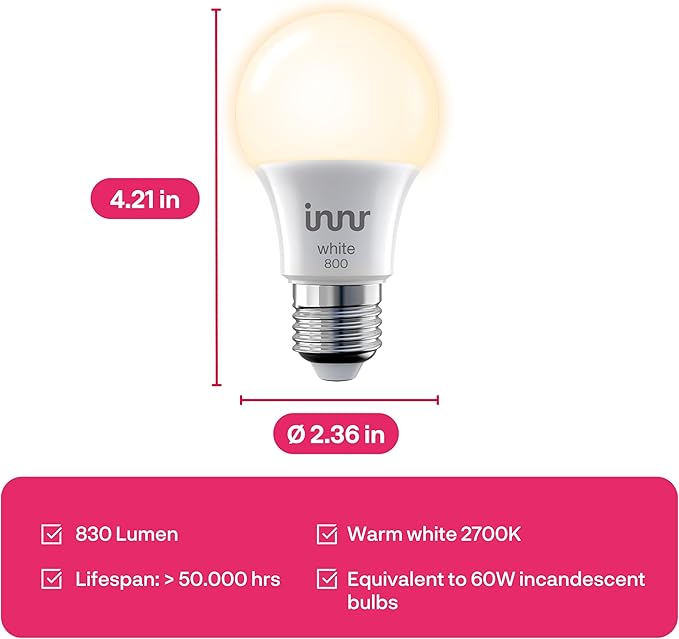 innr Smart Light Bulbs, A19 Zigbee, Works with Philips Hue* and Alexa (Bridge Required), Soft White Light Bulb, Dimmable, E26 LED Bulb 60 Watt, Warm White, 830lm, 4-Pack