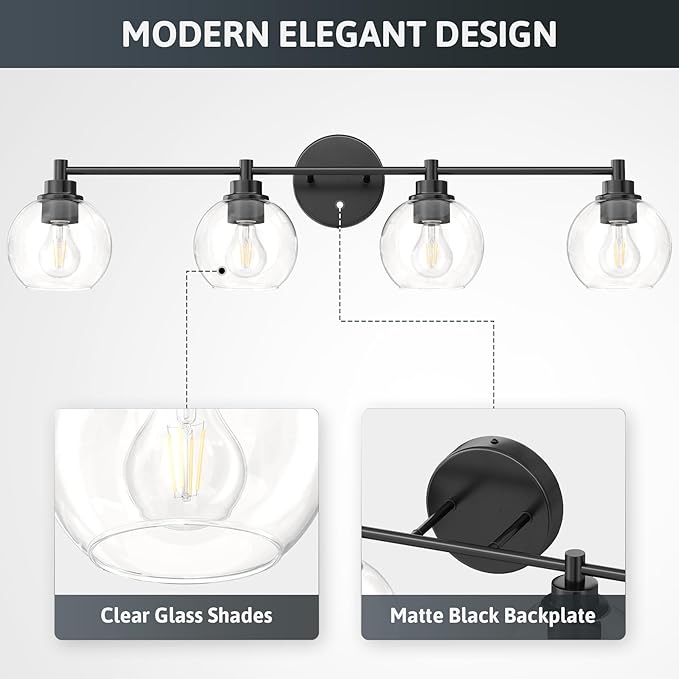 VONLUCE Bathroom Light Fixtures, 4-Light Bathroom Vanity Light with Globe Glass Shades E26 Sockets, Vanity Lights Over Mirror for Bedroom Hallway Living Room, Black Finish