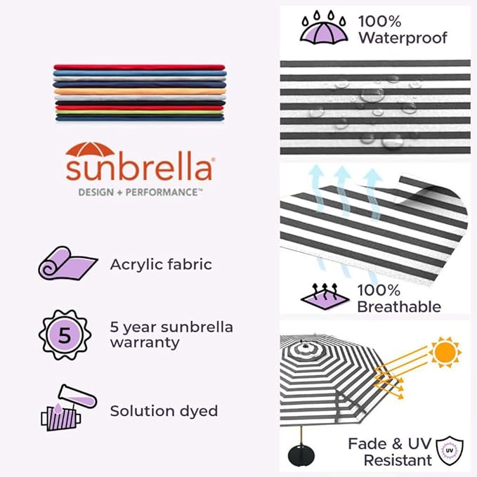 Midtown Umbrellas Push Pop Sunbrella Umbrella 9 Feet Outdoor Umbrella in Black & White Acrylic - Patio Umbrella, Backyard Umbrella, Garden Umbrella, Picnic Table Umbrella & Pool Umbrella - Black Pole