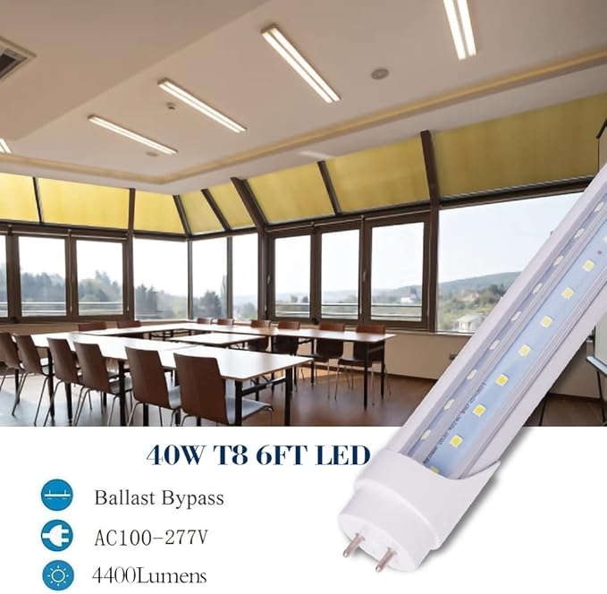 24 Pack T8 6FT 40W LED Tube Light Bulbs G13 Bi-Pin Base 6000K Cool White with Bright Dual-Row Leds 100W Fluorescent Tube Replacement 6 foot T10 T12 Indoor Light Fixture for Shop,Garage,Warehouse