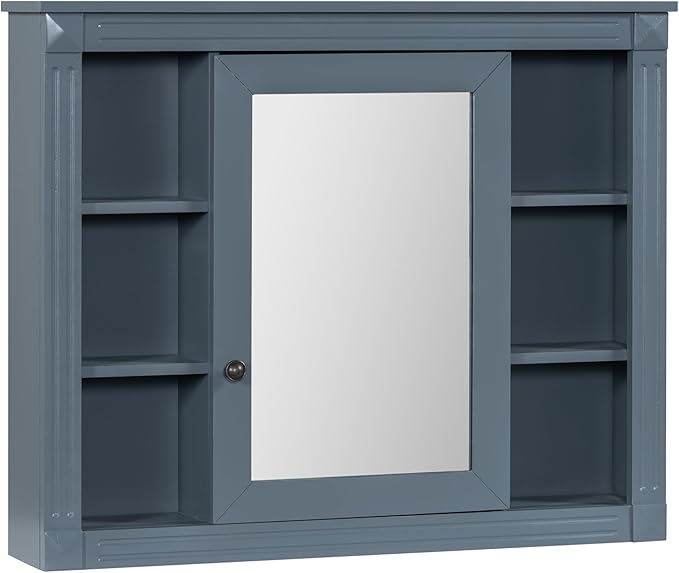 Merax Bathroom Medicine Cabinet with Mirror, Wall Mounted Over Toilet Storage Cabinet Organizer with Doors and Shelves for Bathroom Laundry Room (Mirror Cabinet Only, Blue)