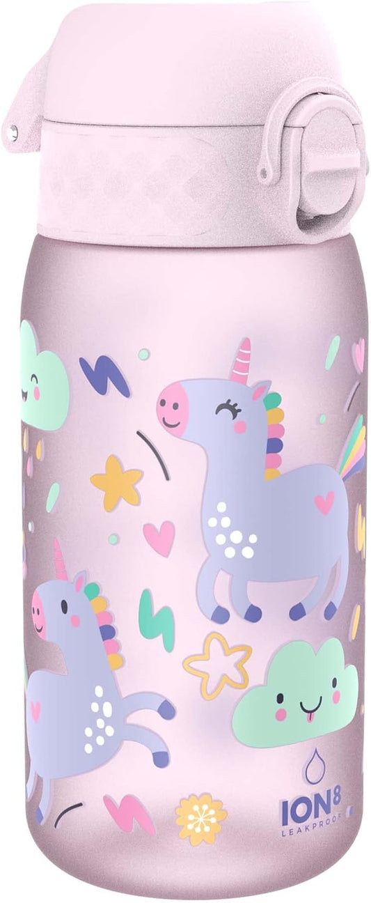 Ion8 Small Water Bottle, 350 ml/12 oz, Leak Proof, Easy to Open, Secure Lock, Dishwasher Safe, BPA Free, Carry Handle, Hygienic Flip Cover, Easy Clean, Odor Free, Carbon Neutral, Pink, Unicorn Design
