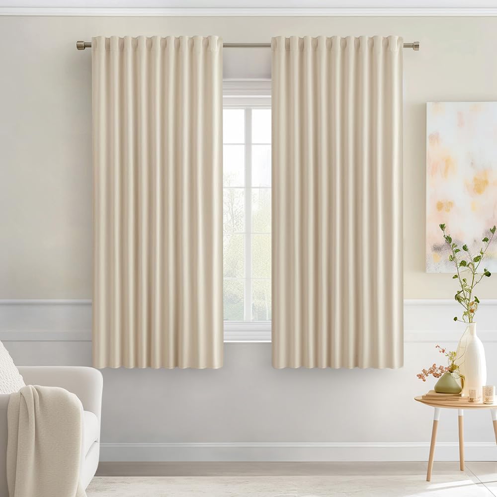 MIULEE Cream Beige Back Tab Light Blocking Curtains 54 Inches Long 2 Panels Set for Living Room Bedroom Privacy, Rod Pocket/Pinch Pleat Thermal Insulated Room Darkening Pleated Blackout Drapes