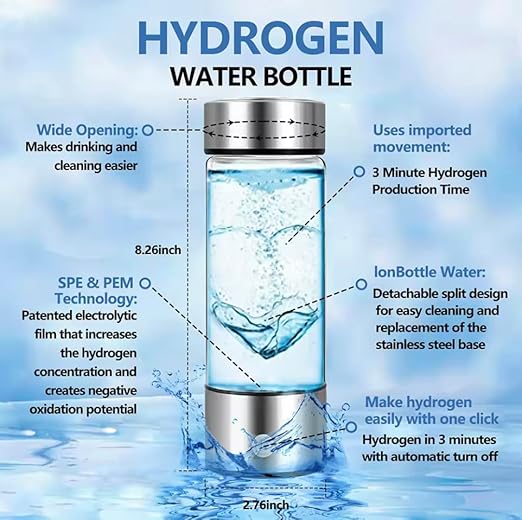 Hydrogen Water Bottle Generator, Portable Ionizer USB Quality Filter, Stormproof Water Bottle, Stainless Steel Drinking Water Bottle, Built-in Timer and LED Light, Stainless Steel, Silver