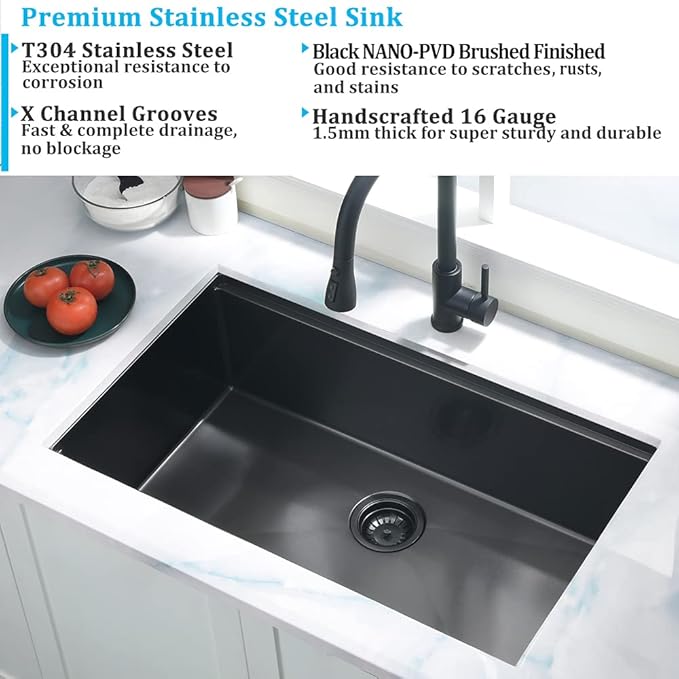 30 Inch Undermount Kitchen Sink Black Stainless Steel Deep Commercial 16 Gauge Single Bowl Undermount Workstation Sink
