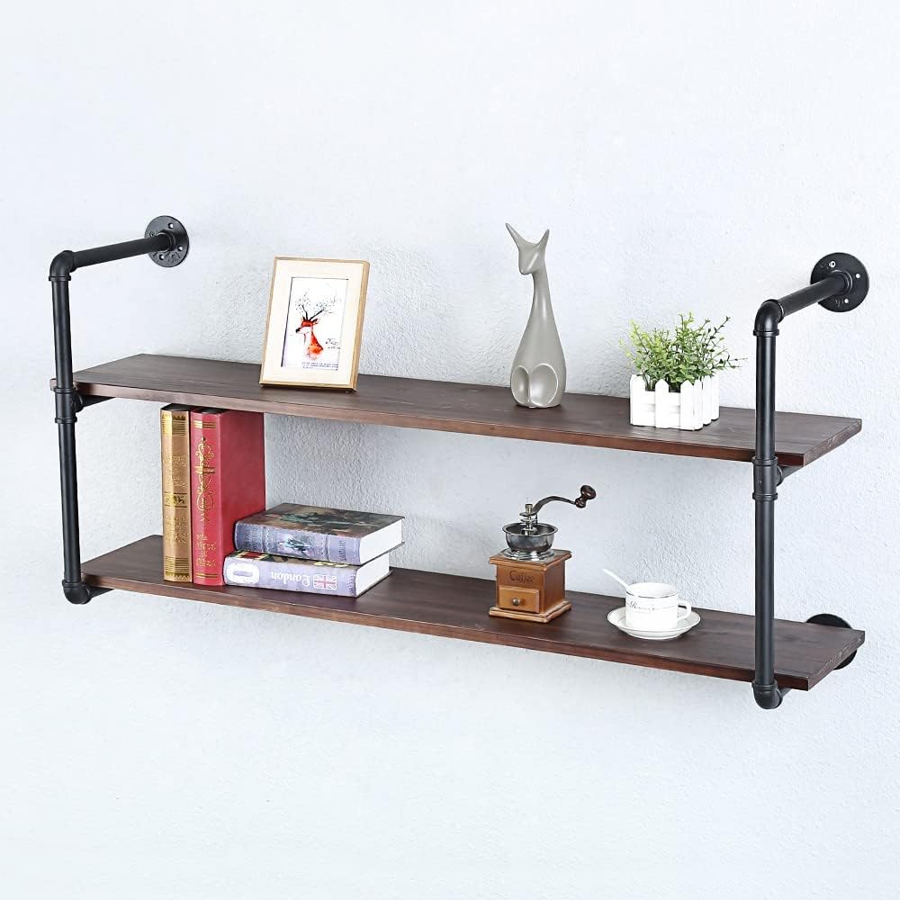 Industrial Pipe Shelving Wall Mounted,48in Rustic Metal Floating Shelves,Steampunk Real Wood Book Shelves,Wall Shelf Unit Bookshelf Hanging Wall Shelves,Farmhouse Kitchen Bar Shelving(2 Tier)