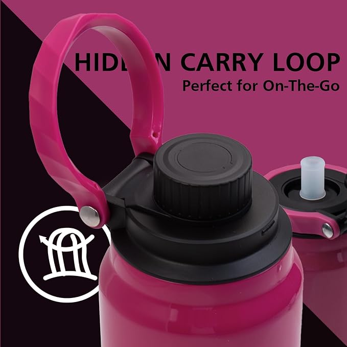 Greylock 20 oz Insulated Stainless Steel Water Bottle with Straw Lid- BPA-Free Leak Proof When Closed, Reusable Metal Water Bottle with Carry Handle for Travel Camping, 24 Hours Cold (Raspberryridge)