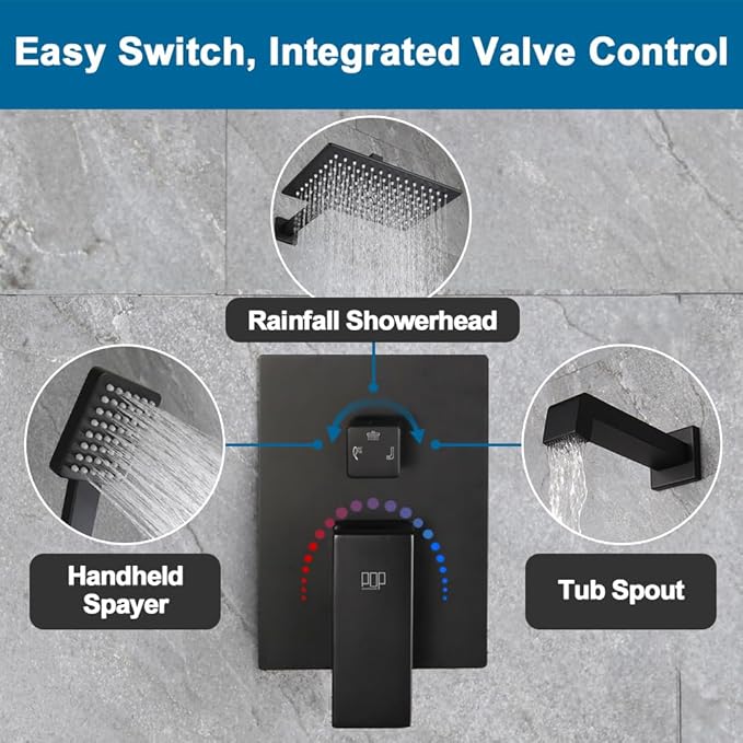 POP SANITARYWARE Matte Black Shower Tub Faucet Set Bathroom Rain Shower System with Tub Spout Wall Mounted Rainfall 12 Inch Shower Head and Handle Set Include Shower Valve and Trim Kit