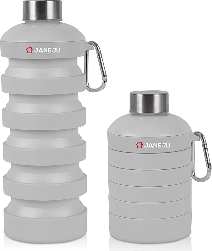 JaneJu Collapsible Water Bottle, 32oz BPA Free Silicone Reusable Portable Lightweight Foldable Water Bottles with Carabiner, Leak Proof Sports Water Bottle with Stainless Twist Cap (White)