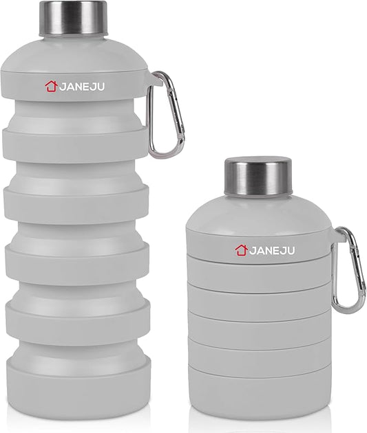 JaneJu Collapsible Water Bottle, 32oz BPA Free Silicone Reusable Portable Lightweight Foldable Water Bottles with Carabiner, Leak Proof Sports Water Bottle with Stainless Twist Cap (White)
