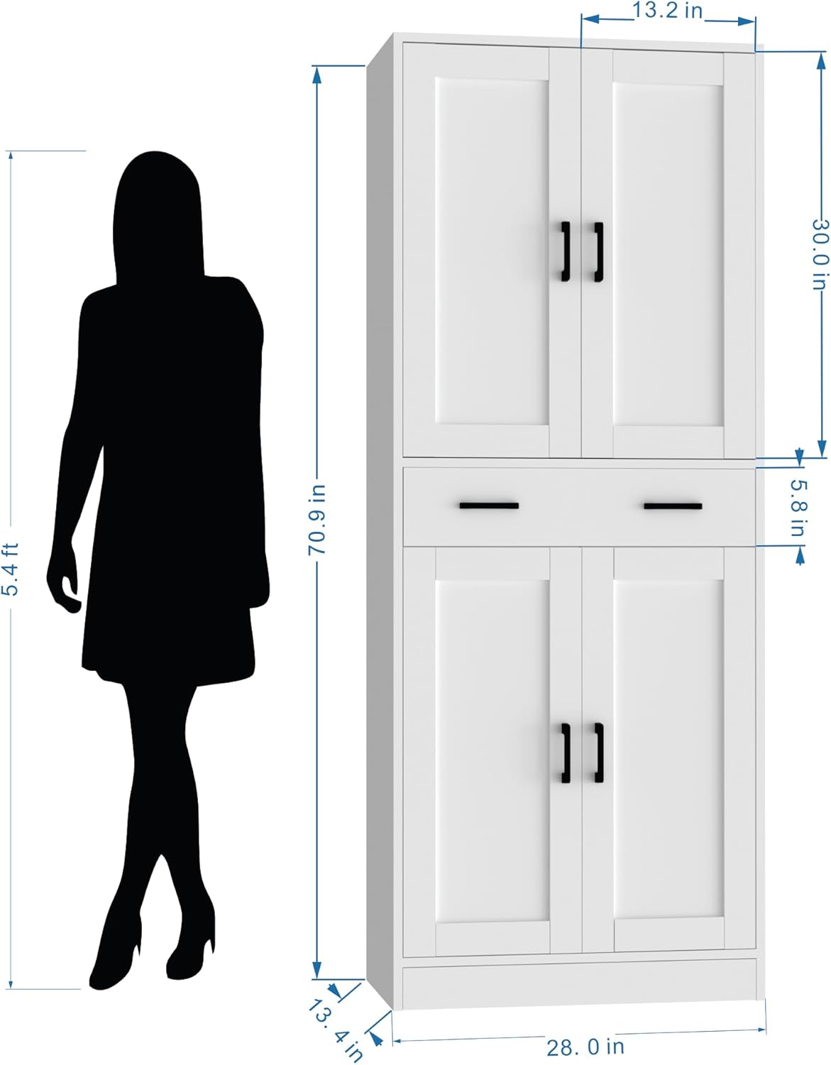 White Kitchen Pantry, 71" Tall Storage Cabinet with Doors and Drawer for Kitchen, Hallway, Office